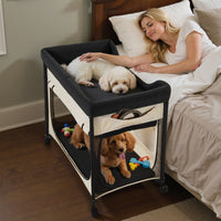 HKM-5028669 Foldable Dual-Level Dog Bed with Wheels, Side Bags, and Heavy-Duty Support