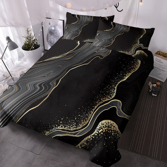 HKM-502995 Black Gold Grey Marble Watercolor Duvet Cover Set with 2 Pillowcases – Soft Microfiber, Abstract Design, Machine Washable