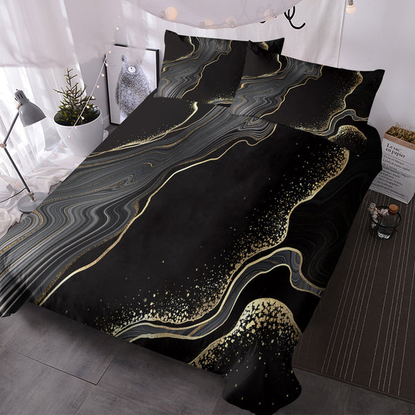 HKM-502995 Black Gold Grey Marble Watercolor Duvet Cover Set with 2 Pillowcases – Soft Microfiber, Abstract Design, Machine Washable