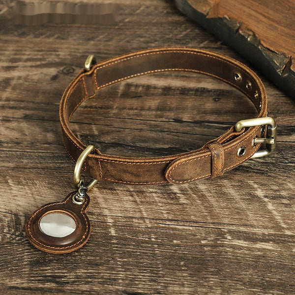 HKM-5031485 Double-Sided Cowhide Dog Collar - Handmade Retro Design for Anti-Lost Tracking