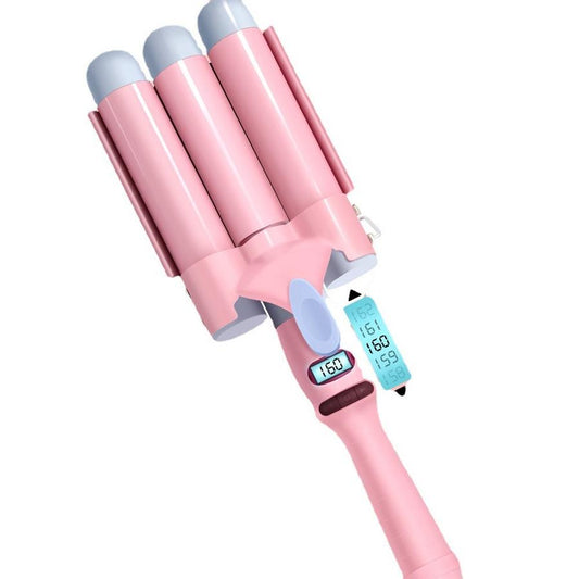 HKM-503315 Three-Tube Tourmaline Ceramic Curling Iron for Wet and Dry Hair - 21mm-30mm Diameter, Pink