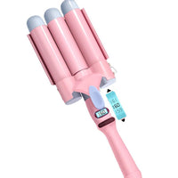 HKM-503315 Three-Tube Tourmaline Ceramic Curling Iron for Wet and Dry Hair - 21mm-30mm Diameter, Pink