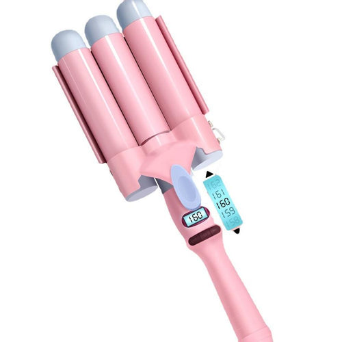 HKM-503315 Three-Tube Tourmaline Ceramic Curling Iron for Wet and Dry Hair - 21mm-30mm Diameter, Pink