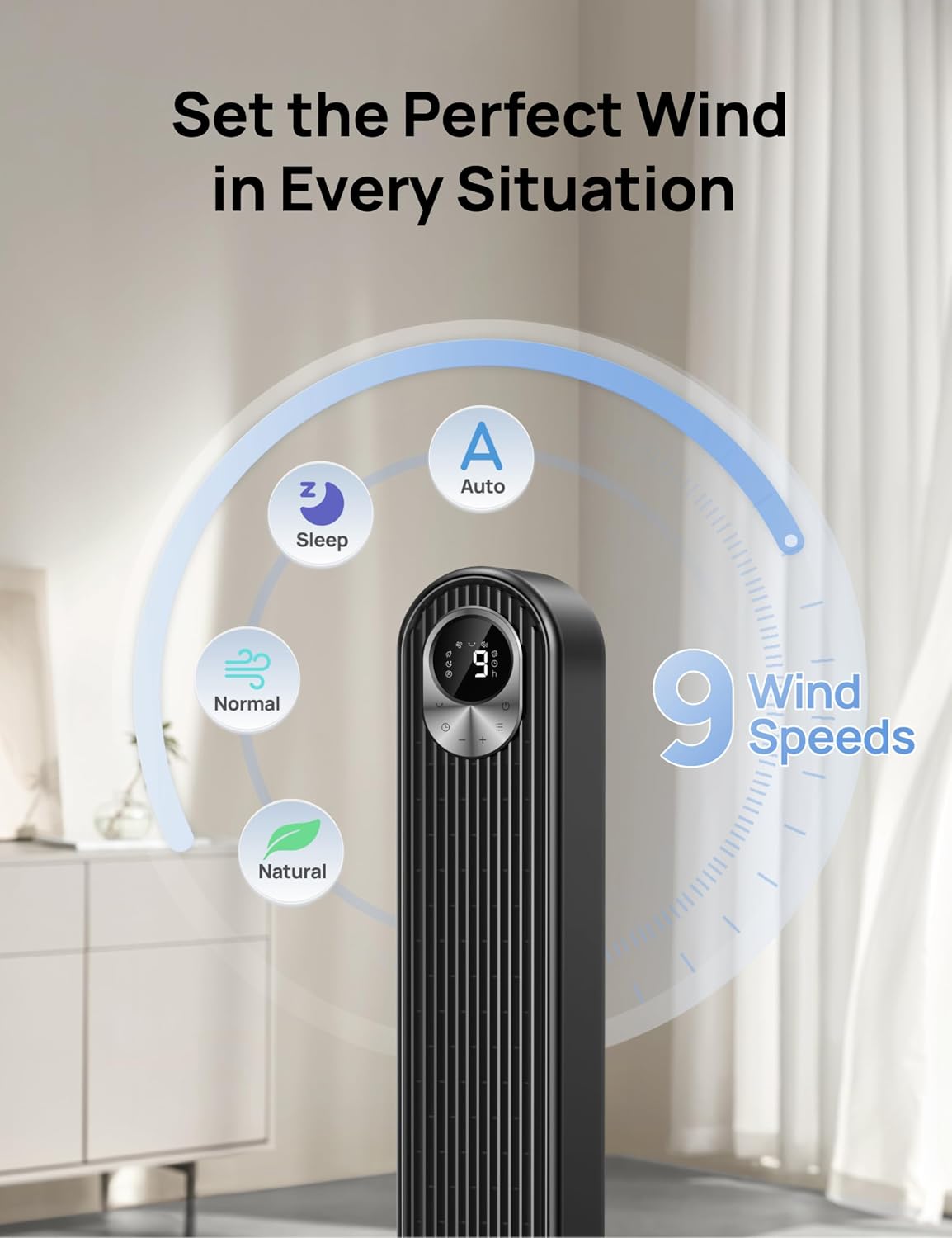 HKM-5033299 42-Inch Tower Fan with 9 Speeds, 4 Modes, 12-Hour Timer, Oscillation, and Quiet Operation