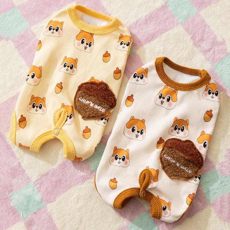 HKM-5034557 Cozy Squirrel Print Dog Jumpsuit with Fuzzy Acorn Pocket, Sleeveless Winter Outfit