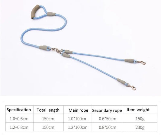 HKM-5035581 Double-Headed Dog Leash for Two Dogs - Nylon Rope with Soft Foam Handle