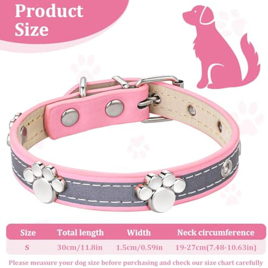 HKM-5037245 Adjustable Reflective PU Leather Dog Collar for Small, Medium, Large Dogs and Cats with Cute Paw Rivet Design