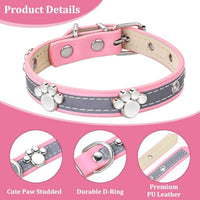 HKM-5037245 Adjustable Reflective PU Leather Dog Collar for Small, Medium, Large Dogs and Cats with Cute Paw Rivet Design