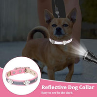 HKM-5037245 Adjustable Reflective PU Leather Dog Collar for Small, Medium, Large Dogs and Cats with Cute Paw Rivet Design