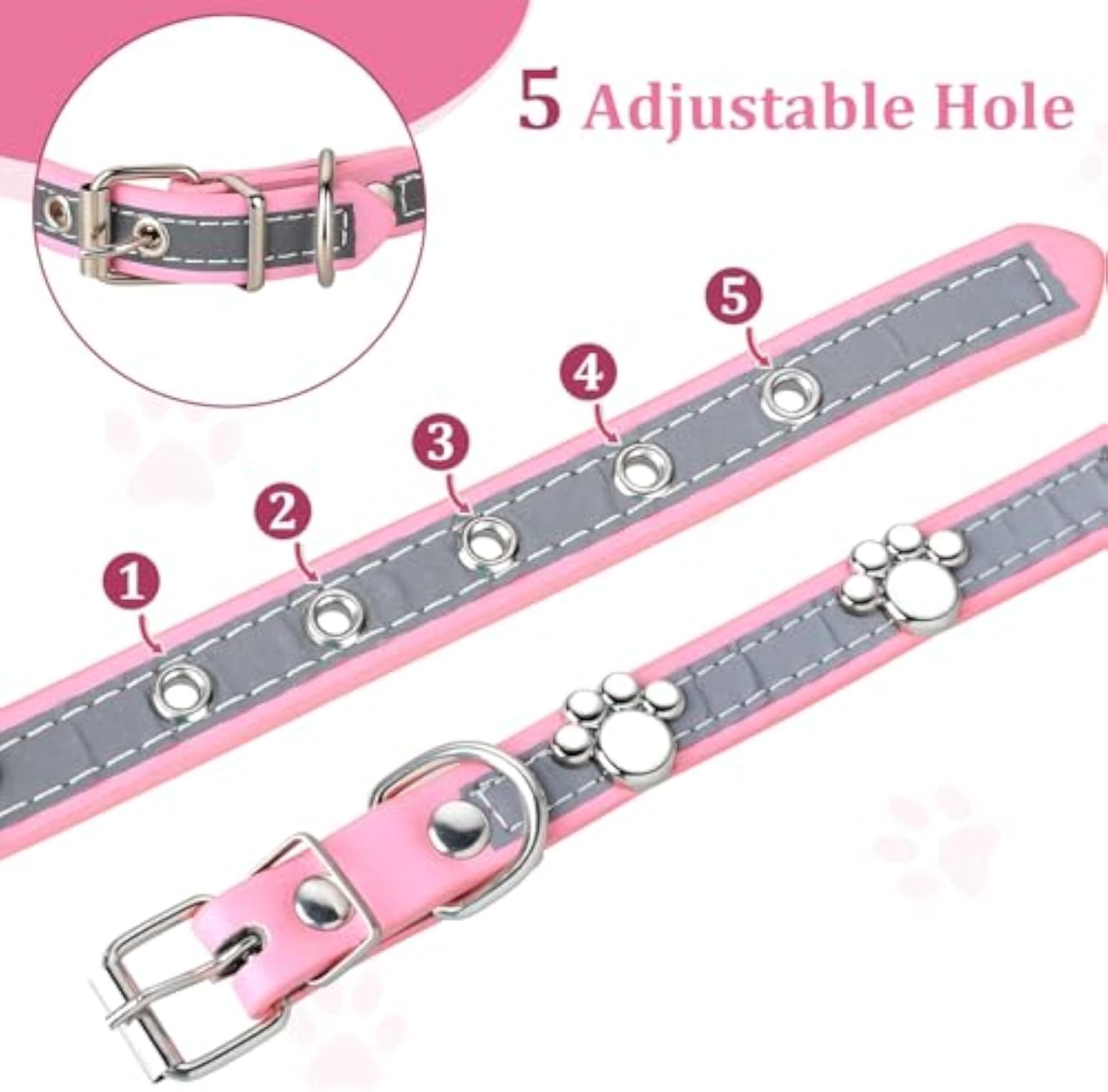 HKM-5037245 Adjustable Reflective PU Leather Dog Collar for Small, Medium, Large Dogs and Cats with Cute Paw Rivet Design