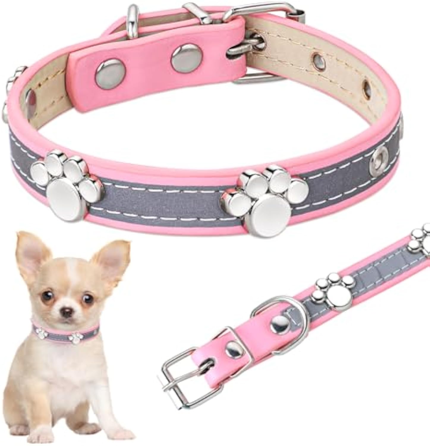 HKM-5037245 Adjustable Reflective PU Leather Dog Collar for Small, Medium, Large Dogs and Cats with Cute Paw Rivet Design