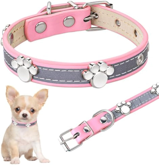 HKM-5037245 Adjustable Reflective PU Leather Dog Collar for Small, Medium, Large Dogs and Cats with Cute Paw Rivet Design