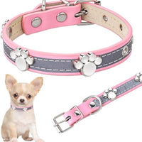 HKM-5037245 Adjustable Reflective PU Leather Dog Collar for Small, Medium, Large Dogs and Cats with Cute Paw Rivet Design