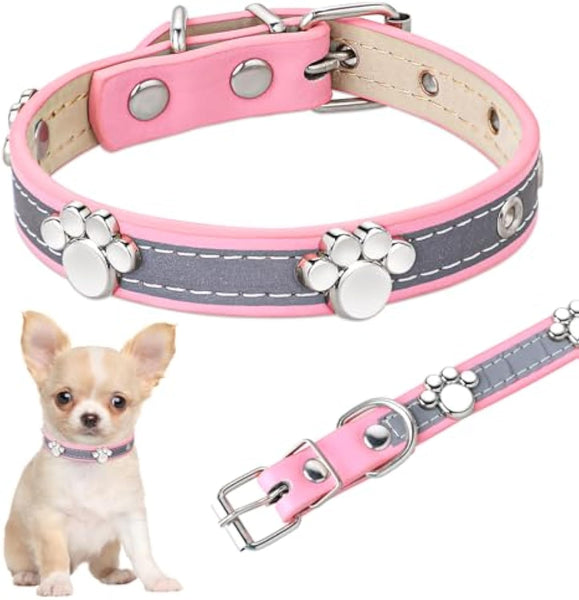 HKM-5037245 Adjustable Reflective PU Leather Dog Collar for Small, Medium, Large Dogs and Cats with Cute Paw Rivet Design