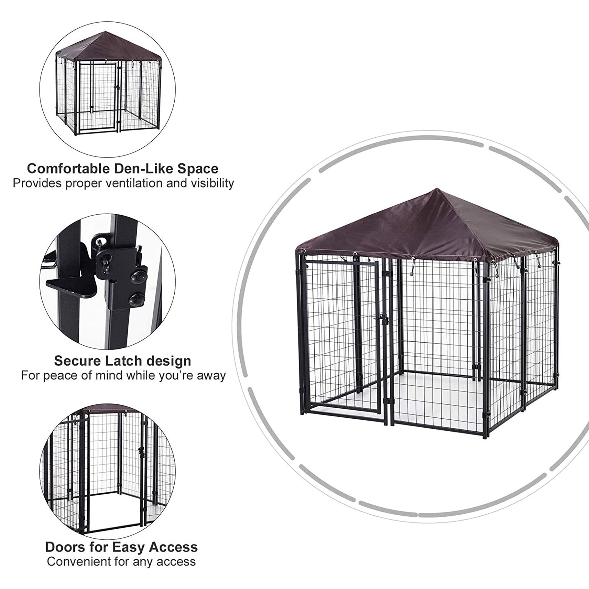 HKM-5039421 Heavy Duty Outdoor Dog Kennel with Waterproof Cover, 4.6' x 4.6' x 5', Lockable Gate for Medium Dogs