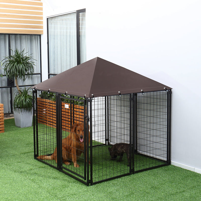 HKM-5039421 Heavy Duty Outdoor Dog Kennel with Waterproof Cover, 4.6' x 4.6' x 5', Lockable Gate for Medium Dogs