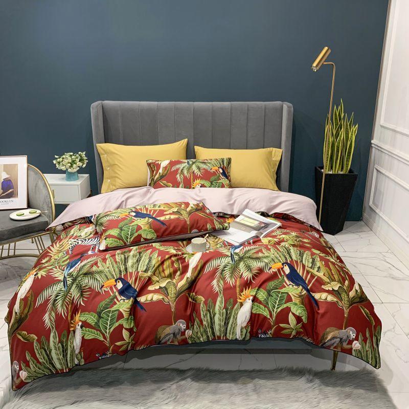 HKM-504147 Digital Printed Cotton Bedding Set - 4-Piece Satin Weave, American Simple Style