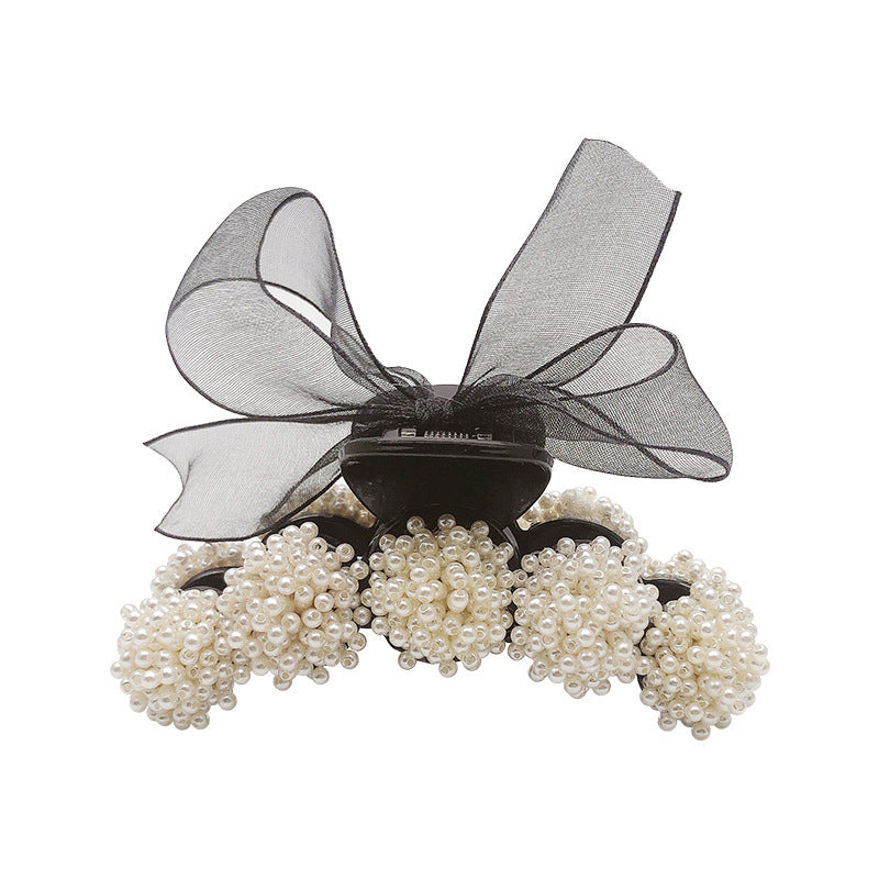 HKM-504403 Big Pearl Bow Hair Grabbing Clip - Stylish Japanese and Korean Plaid Design