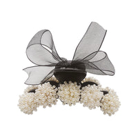 HKM-504403 Big Pearl Bow Hair Grabbing Clip - Stylish Japanese and Korean Plaid Design