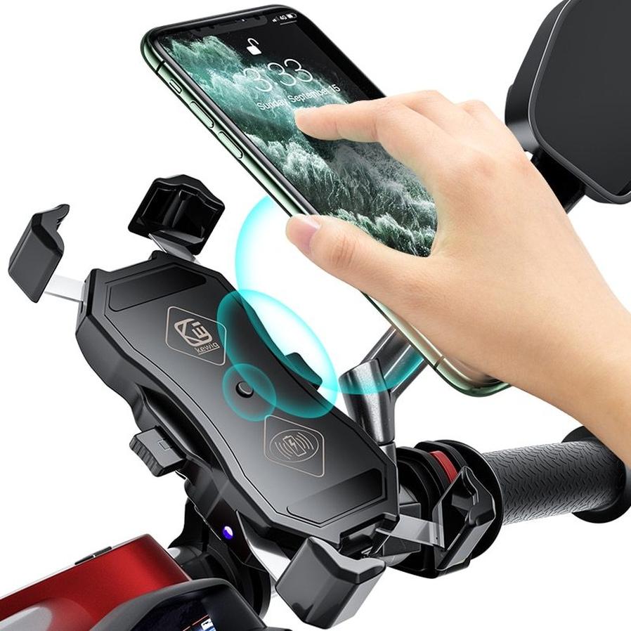 HKM-504531 Wireless Charging Motorcycle Handlebar Phone Holder, 360-Degree Rotation, Fits 3.5-6.5 Inch Screens