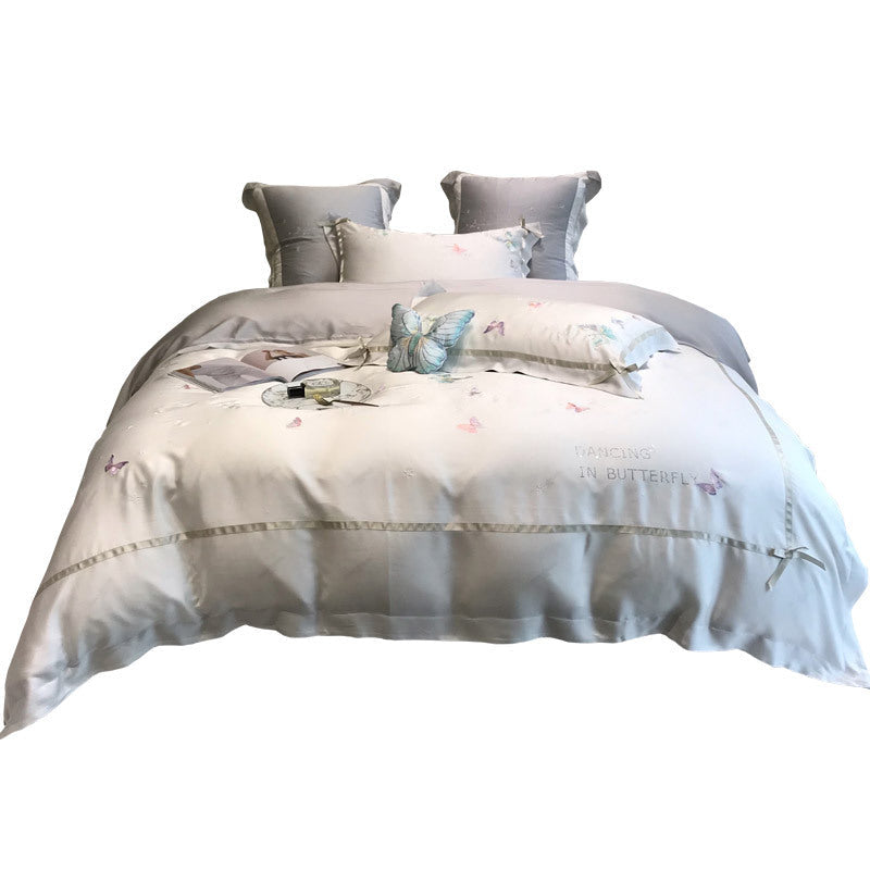 HKM-504659 Embroidered Tencel Quilt Cover Set with Heart and Butterfly Design - Multiple Piece Options Available