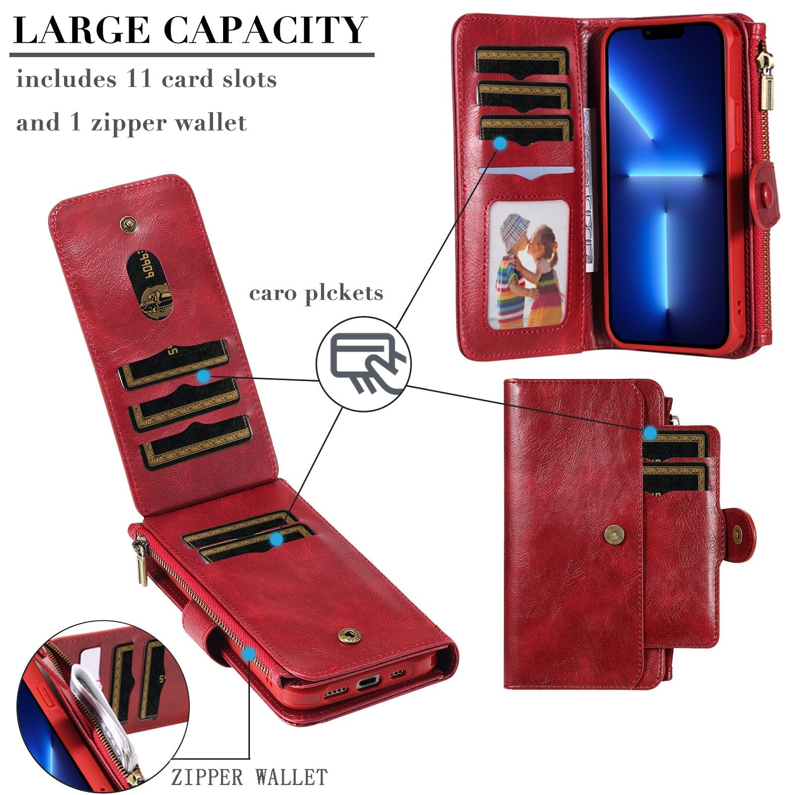 HKM-504851 Multi-Function Leather Phone Case with Card Wallet and Magnetic Anti-Fall Protection for 16 Models