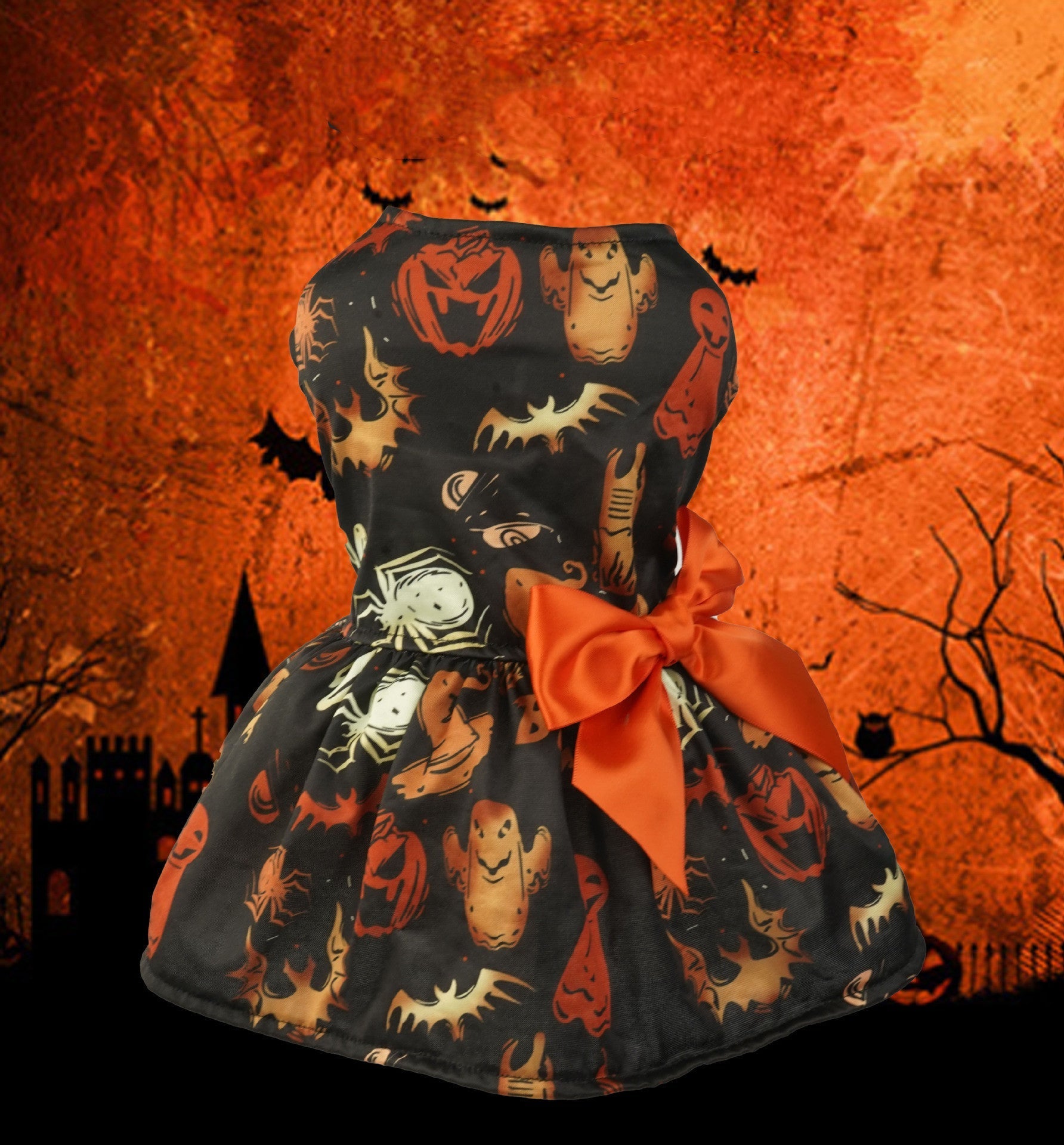 HKM-5048893 Pumpkin Print Mesh Dress for Small Dogs and Cats - Black Costume for Chihuahua, Yorkie, and Pets