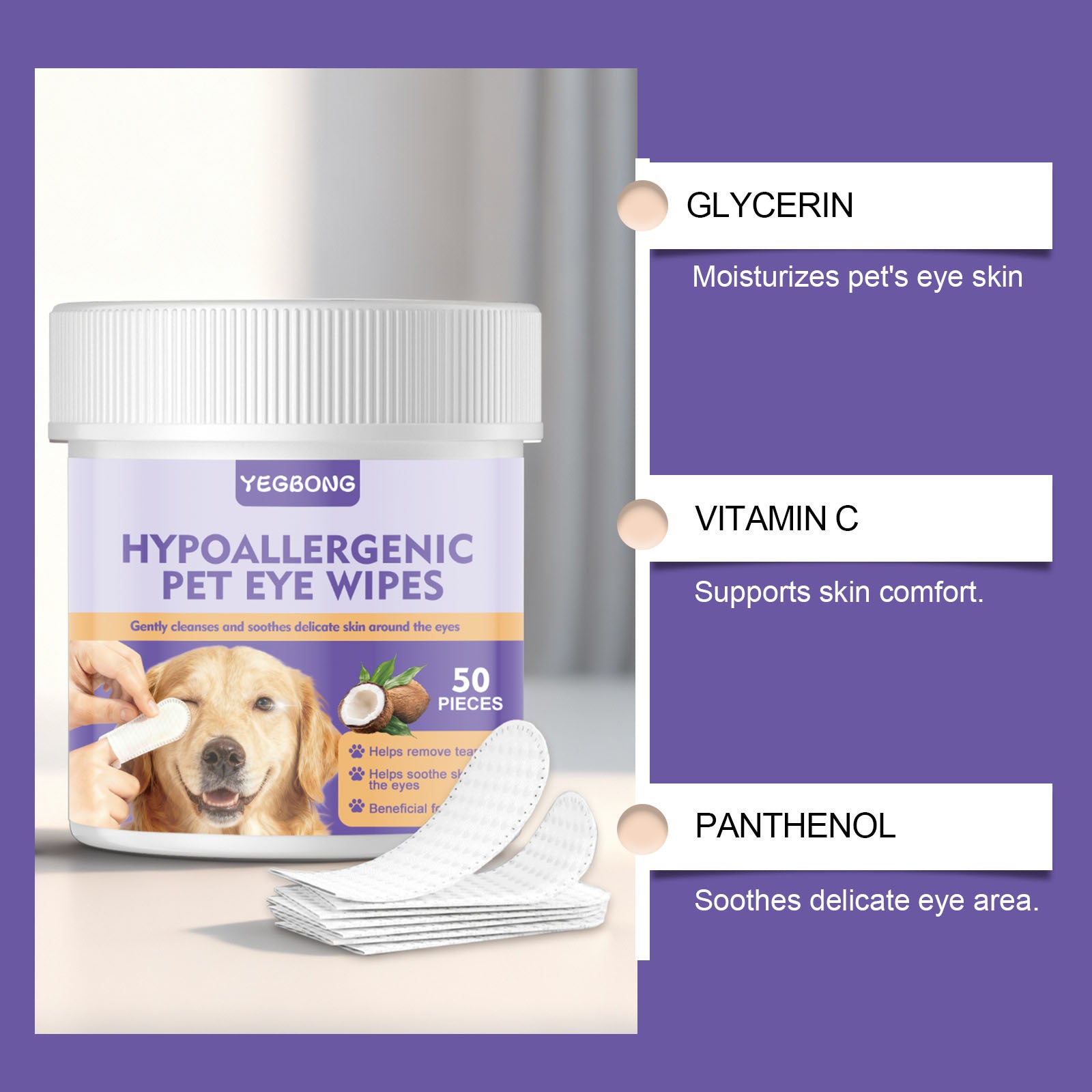 HKM-5049149 Hypoallergenic Eye Cleaning Wipes for Pets - 50 Count Pack with Aloe Vera and Coconut Oil