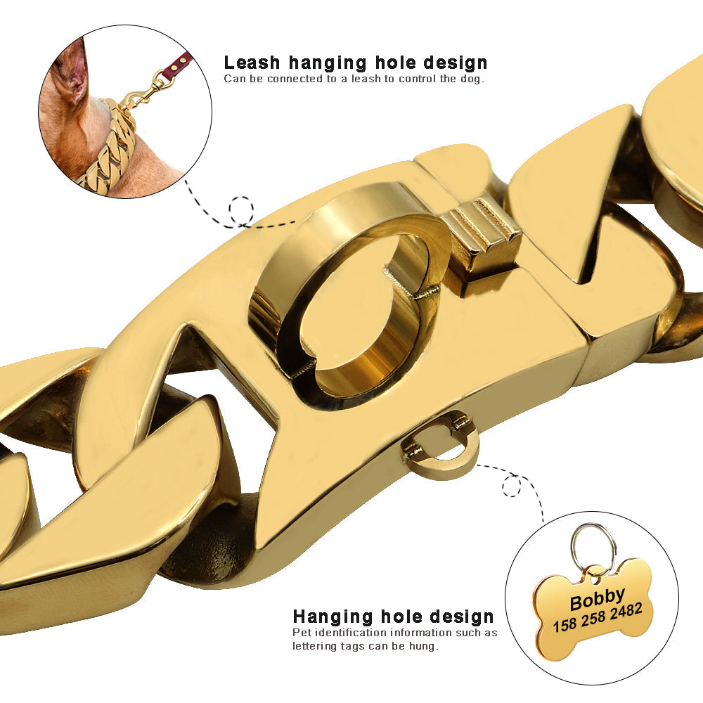 HKM-5049277 Gold Stainless Steel Dog Collar - 32mm Width, Multiple Lengths Available (40cm to 65cm)
