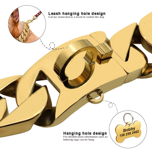 HKM-5049277 Gold Stainless Steel Dog Collar - 32mm Width, Multiple Lengths Available (40cm to 65cm)