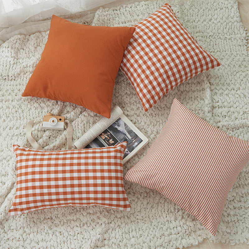 HKM-504979 Plaid and Solid Color Polyester Cotton Pillow Covers - Sizes 45x45 & 30x50
