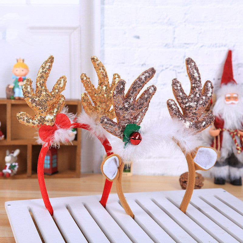 HKM-505107 Sequined Christmas Hair Ornament with Brown Antlers and Ears