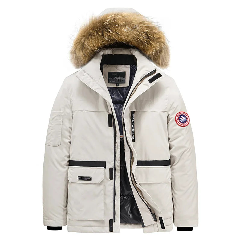 HKM-505363 Mens Winter Jacket Coat Oversized Thick Warm Outdoor Casual Solid Down Jackets for Men Simple Trendy Fur Collar Men's Coats
