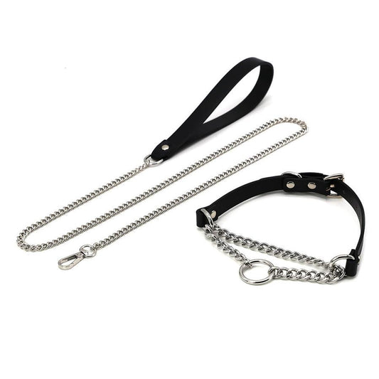 HKM-505683 Leather Collar and Leash Set with Black Hand Grip Rope for Sub-culture Style