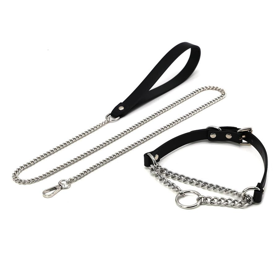 HKM-505683 Leather Collar and Leash Set with Black Hand Grip Rope for Sub-culture Style