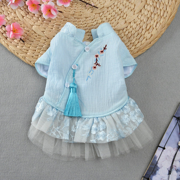 HKM-5057597 Chinese Style Hanfu Embroidered Pettiskirt for Dogs in Pink and Blue