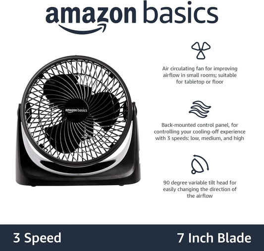 HKM-5066067 Air Circulator Desk Fan, 3 Speed Settings, 90-Degree Tilt Head, Compact Design, 35 Watts, Black, 11.1"W x 6.3"D x 10.9"H