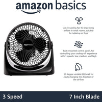 HKM-5066067 Air Circulator Desk Fan, 3 Speed Settings, 90-Degree Tilt Head, Compact Design, 35 Watts, Black, 11.1"W x 6.3"D x 10.9"H