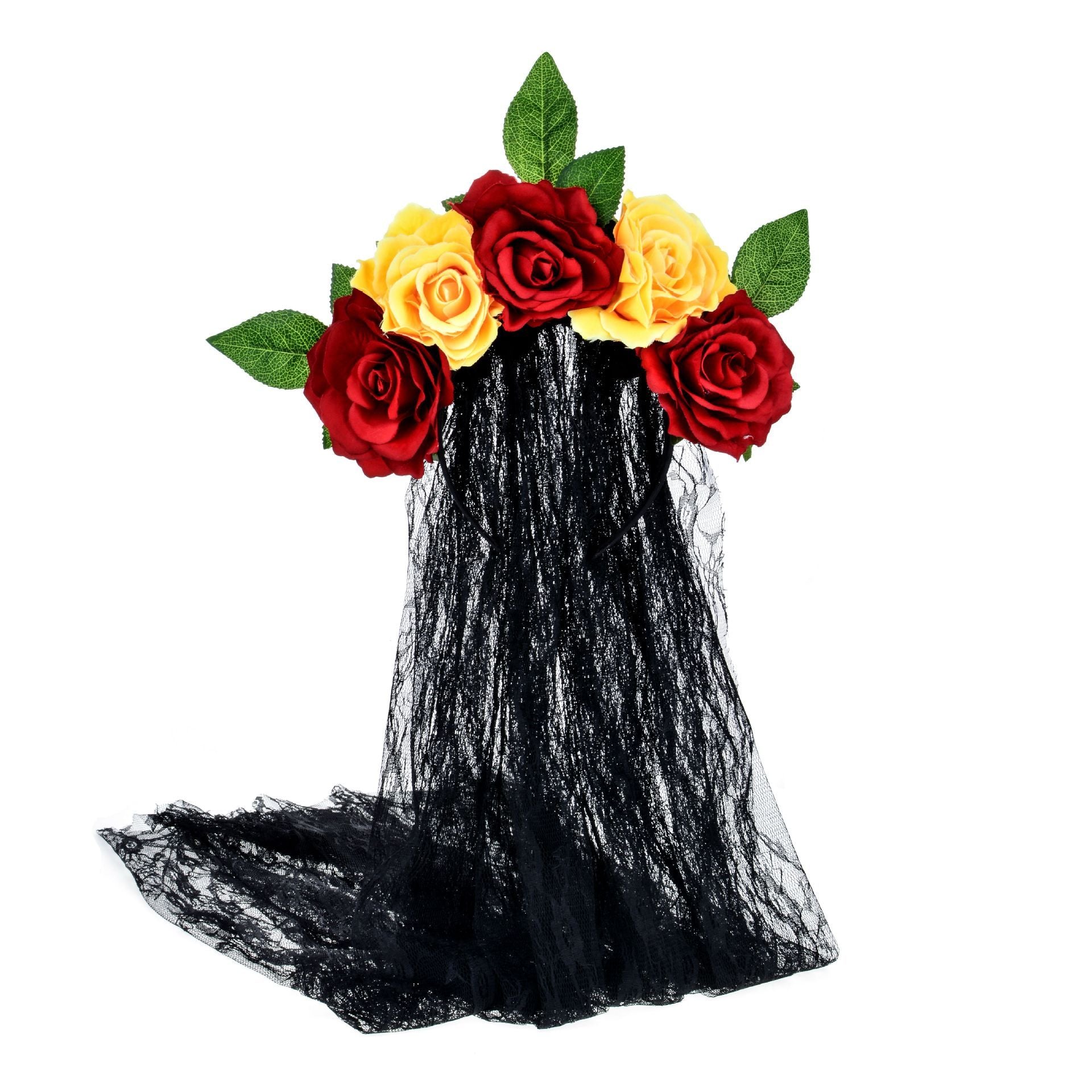 HKM-506707 Artificial Rose Flower Headband with Lace Veil