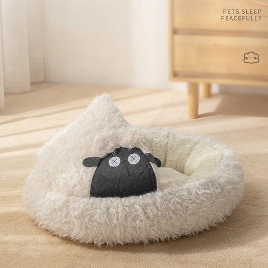 HKM-5068605 Cozy Lamb Shape Cat Cave Bed for Winter - Semi-Closed Round Design, Available in S and M Sizes