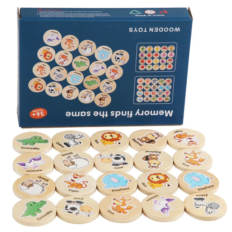 HKM-506963 Wooden Memory Game for Kids - Animal and Fruit Theme for Cognitive Development and Focus Training