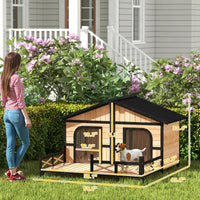 HKM-5072189 Wooden Dog House with Porch, Weatherproof Double Room for Small to Medium Breeds, Openable Roof and Removable Bottom