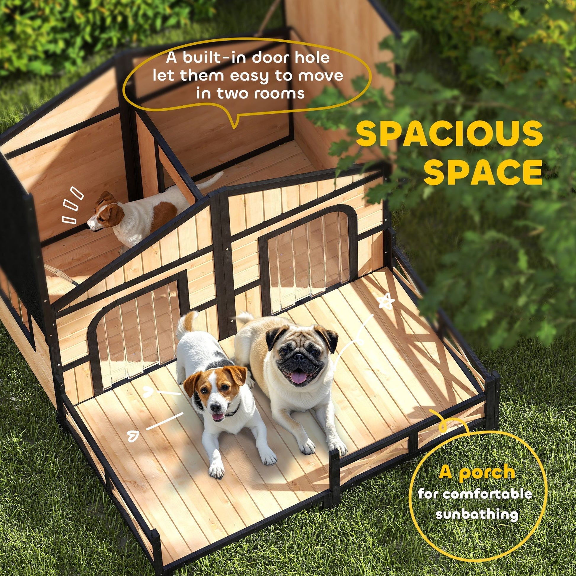 HKM-5072189 Wooden Dog House with Porch, Weatherproof Double Room for Small to Medium Breeds, Openable Roof and Removable Bottom