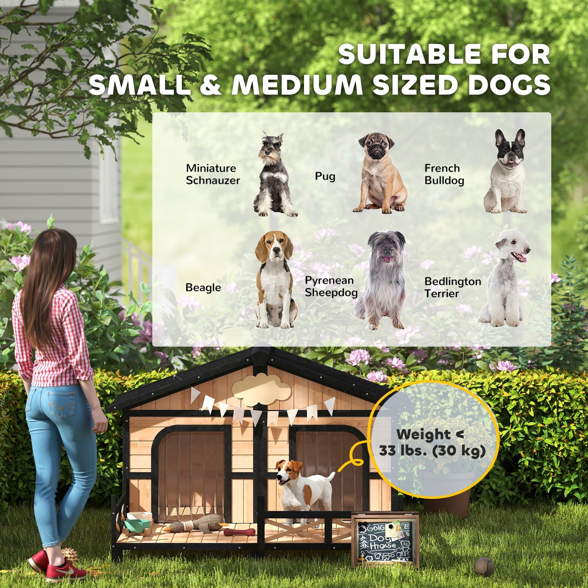 HKM-5072189 Wooden Dog House with Porch, Weatherproof Double Room for Small to Medium Breeds, Openable Roof and Removable Bottom