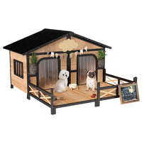 HKM-5072189 Wooden Dog House with Porch, Weatherproof Double Room for Small to Medium Breeds, Openable Roof and Removable Bottom