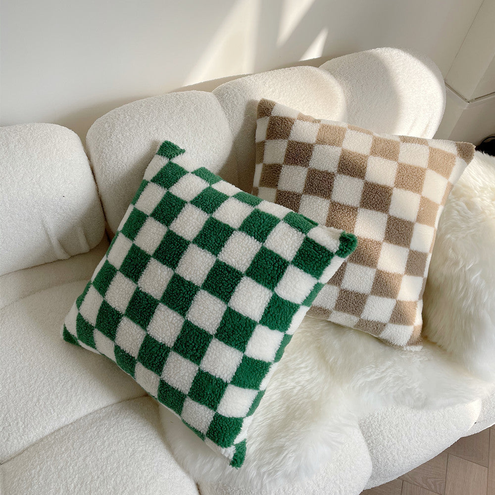 HKM-507283 Double-Sided Checkerboard Pillowcase in Green and Coffee for Living Room or Bedroom