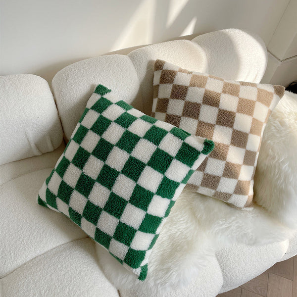 HKM-507283 Double-Sided Checkerboard Pillowcase in Green and Coffee for Living Room or Bedroom