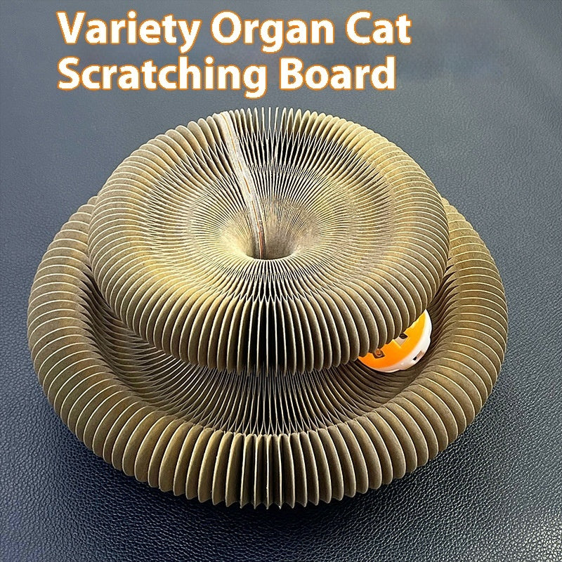 HKM-5073597 Foldable Cat Scratch Board with Bell Ball and Catnip - Cartoon Design, Corrugated Paper