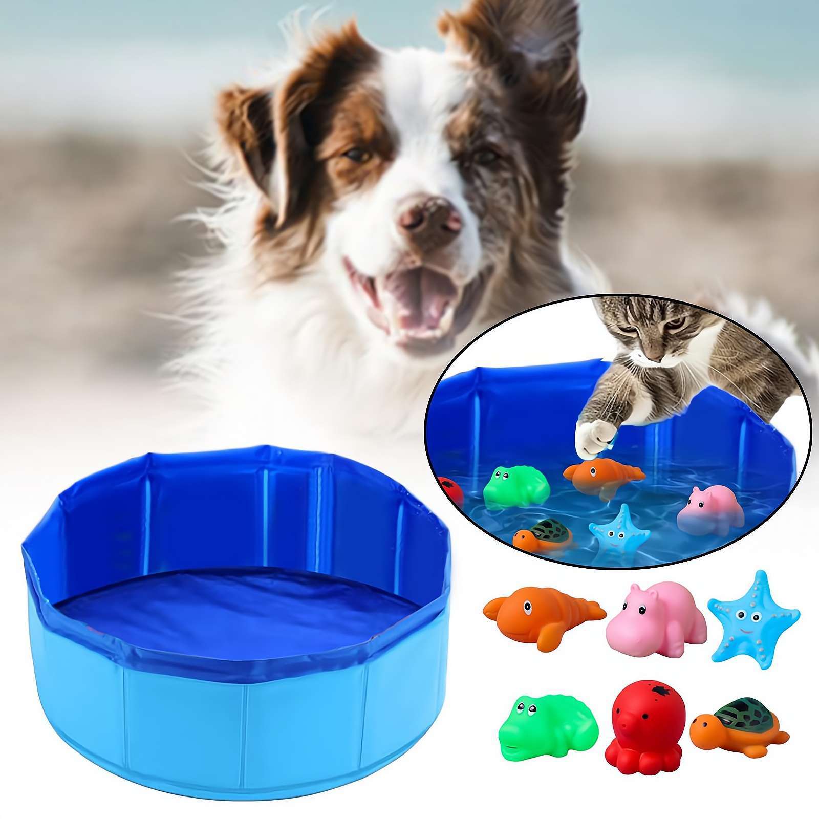 HKM-5075773 Folding Vinyl Pool with 6 Tweak Toys for Dogs - Blue 30x10cm & 50x8cm Options