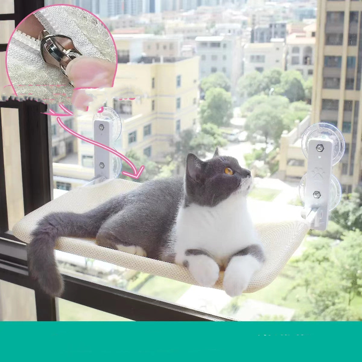 HKM-5075901 Cat Suction Cup Window Hammock - Breathable Mesh Plush Fabric, Stylish Pet Bed for Cats
